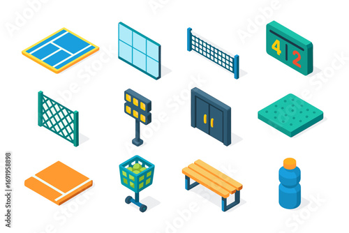Isometric sports equipment icons featuring tennis and volleyball essentials