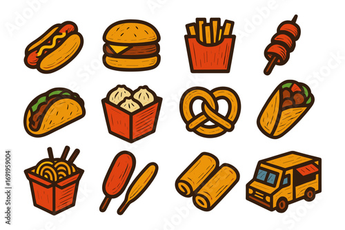 Colorful hand drawn fast food icons set featuring burgers, tacos, and snacks