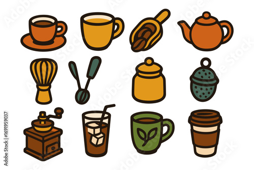 Flat design tea and coffee icons set with cups, teapot, grinder, and more
