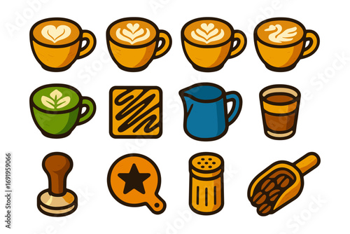 Charming coffee icons set with latte art, cups, and accessories