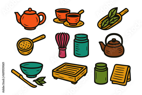 Colorful tea set and accessories in hand-drawn style