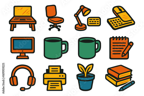 Colorful office icons set: desk, lamp, coffee mug, notebook, and more