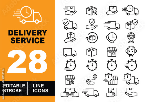 Delivery Service line icon set. Truck, hand, box, cursor, shield, clock, arrow, phone, location, store, headset, stopwatch, route, package, delivery and more. Editable stroke icons collection.