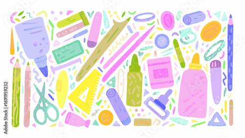 A colorful assortment of art supplies including glue pencils and scissors scattered on a white background