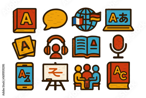 Colorful language learning icons set featuring books and technology