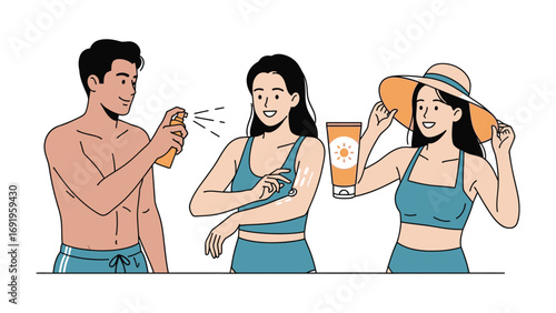 Young diverse friends applying sunscreen and wearing summer hats for sun protection during a sunny outdoor vacation or beach day