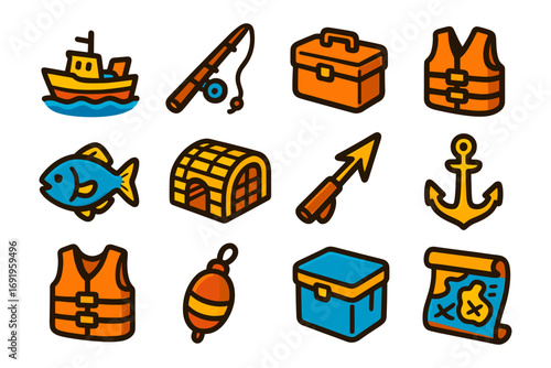 Colorful nautical and fishing icons set for outdoor adventures