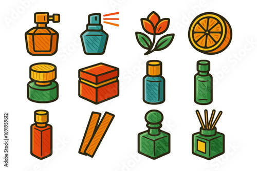Colorful hand-drawn icons of perfume bottles and aromatic elements