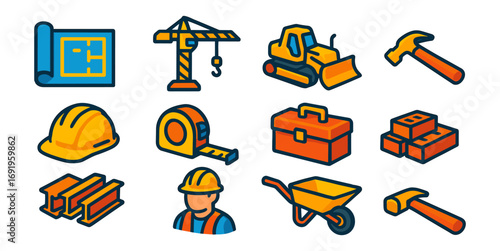 Construction icons set featuring blueprint, crane, helmet, toolbox, and tools
