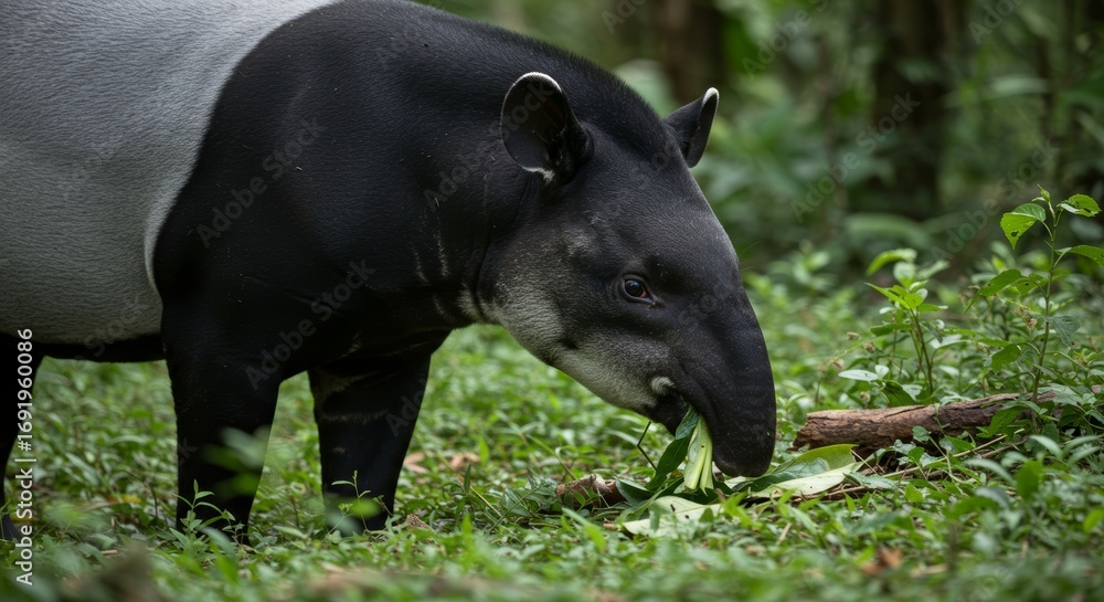Fototapeta premium A Malayan tapir peacefully grazes on lush greenery in its natural habitat