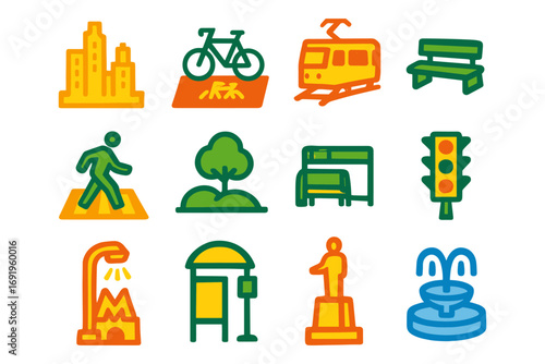 Vibrant urban icons showcasing public transport, fitness, and recreation in modern city