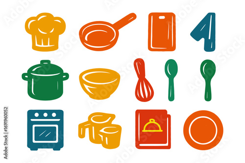 Colorful kitchen utensils icons set in hand-drawn style for culinary designs