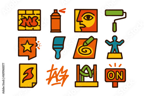 Urban art icons set featuring graffiti, spray paint, and street culture symbols