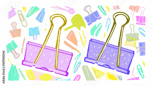A colorful stationery themed background featuring two large binder clips and various smaller paper clips