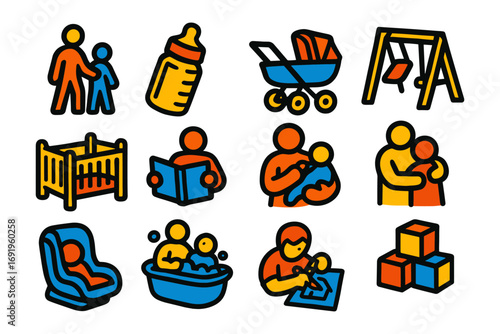 Childcare icons featuring parenting activities and baby essentials in bold outline style