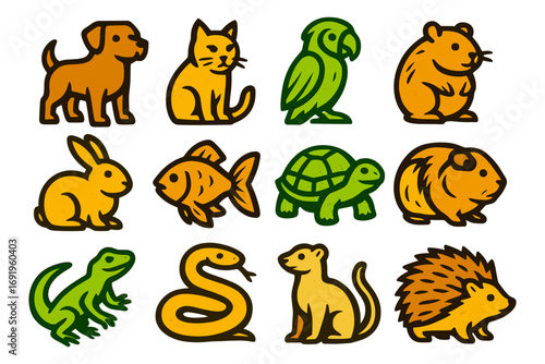 Colorful cartoon animal icons featuring pets and exotic creatures