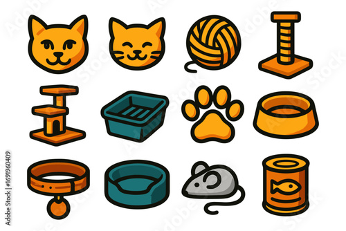 Cute cat icons: whiskers, toys, and treats for pet lovers
