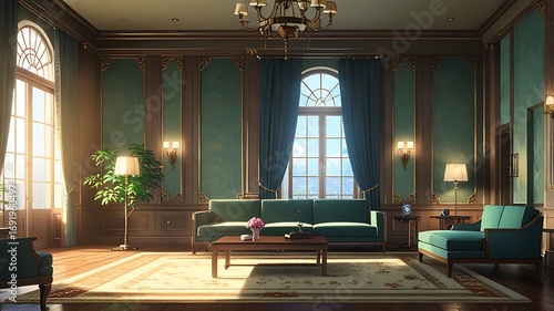 Anime-styled royal sitting room with velvet textures, ambient lighting, luxury 3D render