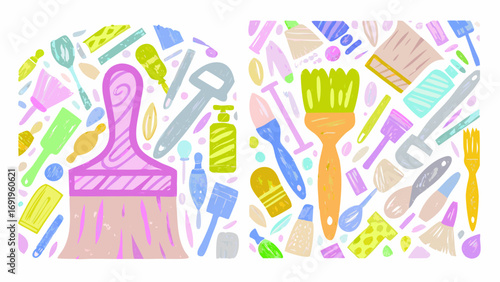 A colorful illustration of painting tools including brushes sponges and other painting related accessories