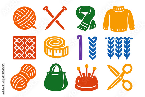 Colorful set of knitting and sewing tools in flat design