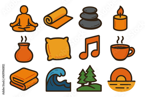 Relaxation and wellness: simple icons for meditation, yoga, and calm environments