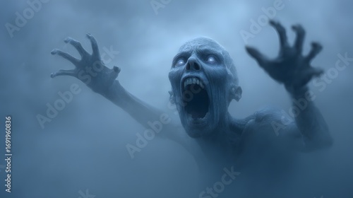 Screaming Face with Glowing Eyes in Fog