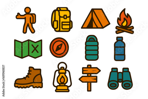 Camping and hiking equipment icons in bold linear style for outdoor enthusiasts
