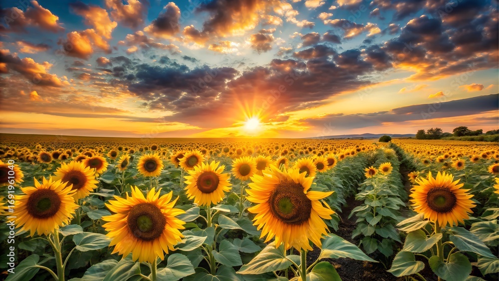 Obraz premium Sunflower field at sunset with dramatic sky