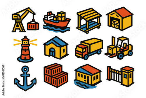 Colorful isometric icons of shipping and logistics with bold outlines