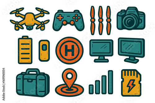 Colorful set of technology and drone icons in retro style