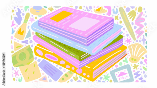 Stack of colorful books with pastel abstract shapes and objects scattered around the books in the image