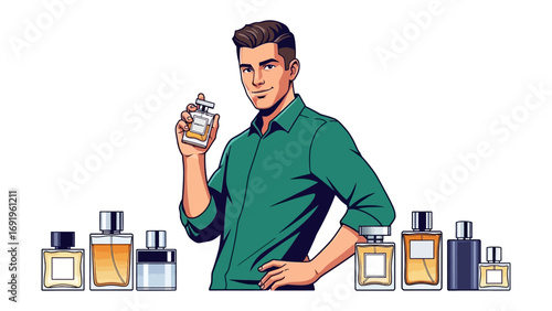 Stylish young man holding a perfume bottle with a collection of various fragrances displayed in front of him on a white background