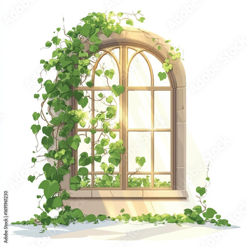 Arched Window with Lush Green Ivy Vines.
