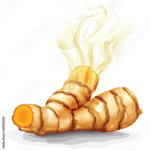 Aromatic fresh turmeric rhizome with steam rising isolated.