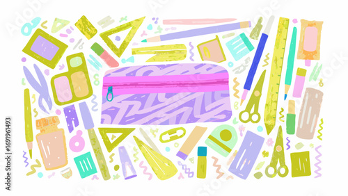 Illustration of a pencil case surrounded by various school supplies and stationery items on a white background