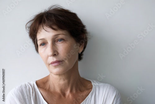 Pensive middle-aged woman with short hair gazing thoughtfully against a minimalistic background, reflecting on life experiences and emotions