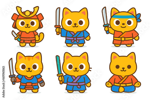 Cute cartoon samurai cats with swords in colorful costumes