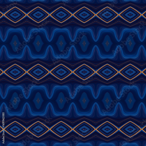 Abstract repeating geometric pattern with blue and orange diamond shapes, perfect for textiles or digital wallpapers. Geometric, abstract, seamless, blue, orange.