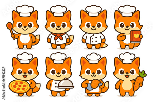 Cute cartoon fox chefs in various cooking poses
