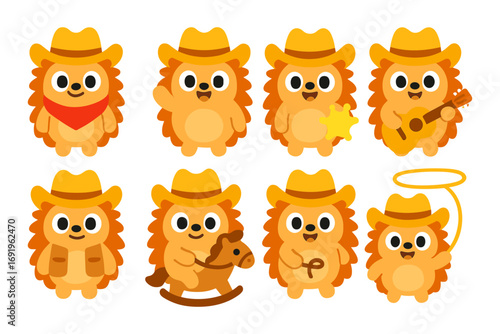 Cute cowboy hedgehogs with western accessories in flat style cartoon