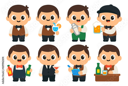 Cute bartender characters in various outfits with different drinks
