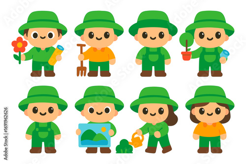 Cute cartoon gardeners with tools and plants in flat design