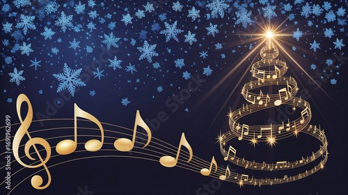 Golden musical notes with Christmas tree made of music symbols, starry night background with snowflakes, festive holiday design – AI-Generated.