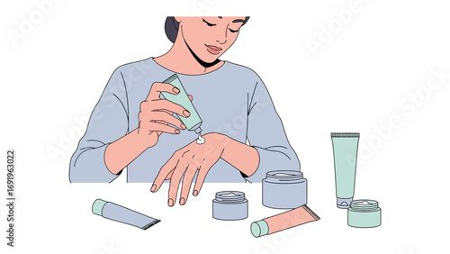 Young woman applying hand cream or lotion from a small tube to her dry skin surrounded by various cosmetic jars and bottles on a white background