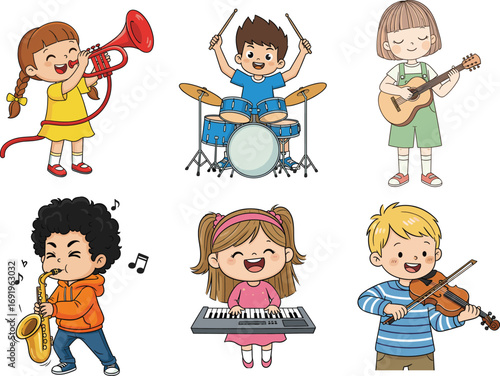 Cartoon children playing various musical instruments in joyful band performance, fun kids music illustration for education, entertainment, and creative learning concepts