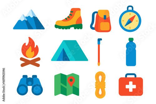 Essential camping gear icons featuring hiking, navigation, and outdoor adventure equipment
