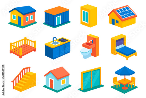 Colorful isometric home elements collection for modern design projects