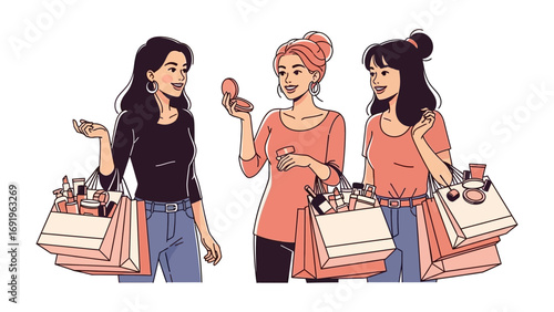 Three diverse young women friends happily chatting and showing off their new purchases after a successful shopping spree together