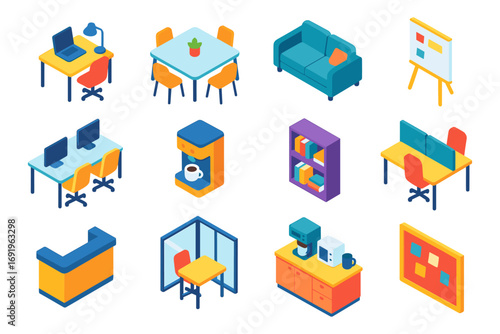 Isometric office furniture set for modern workspace design and organization