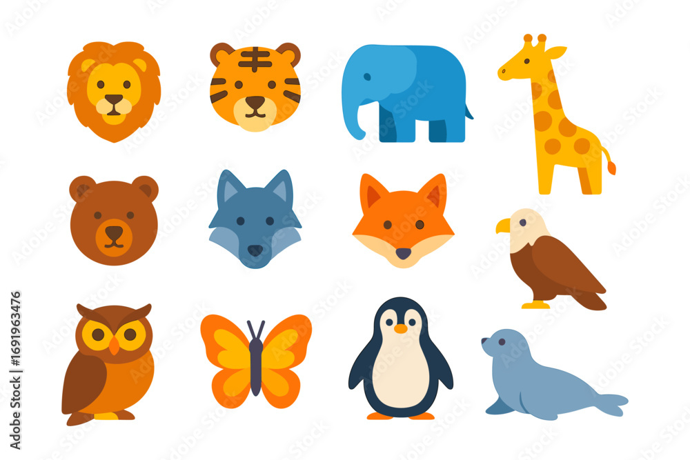 Fototapeta premium Colorful animal faces collection in flat style